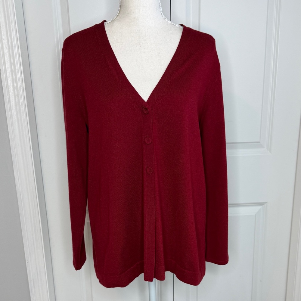 J. Jill Dark Red Long Cardigan Sweater Wool Blend Petite Medium 3 Button Fall